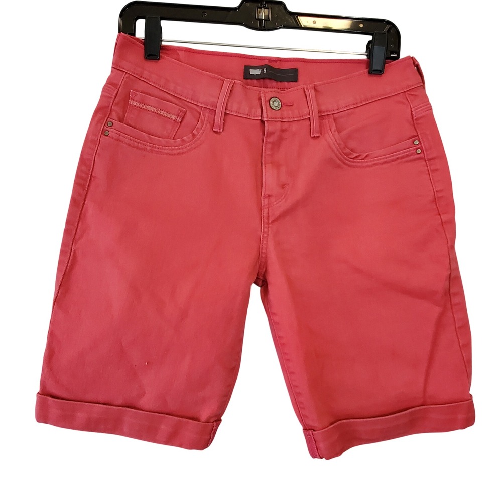 Levis Womens Bermuda Shorts Size 8 Pink Denim Cuffed MidRise Flap Pocket Stretch